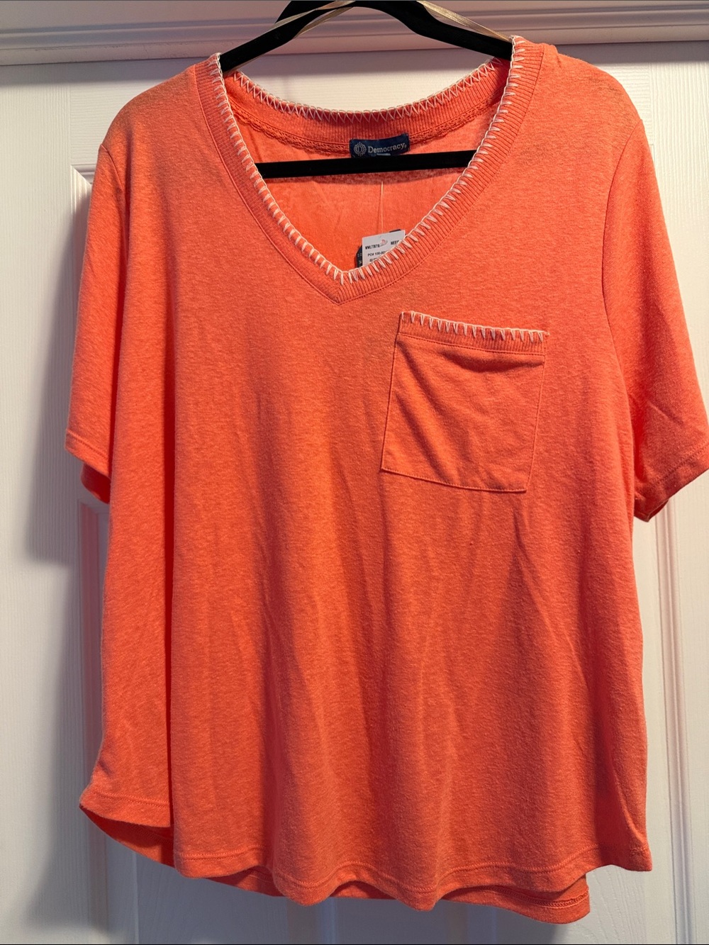 Democracy Coral V-Neck Short Sleeve Pocket Tee